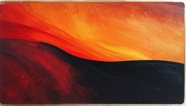 Pittura astratta vibrante con onde di colore che fondono rosso intenso, arancione e giallo dorato, creando un'atmosfera calda e dinamica.
