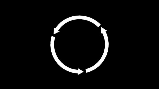 Minimalist white arrow rotation animation looping on black background representing recycling process and sustainable motion graphics.