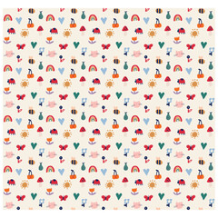 Obraz premium Colorful playful pattern featuring cute cats, rainbows, butterflies, suns, hearts, mushrooms, and flowers on a light background, perfect for childrens designs and fabric prints