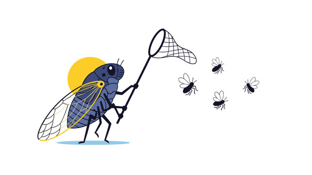 Large blue cicada stands against a yellow sun and uses a butterfly net to catch several small flies in the air.