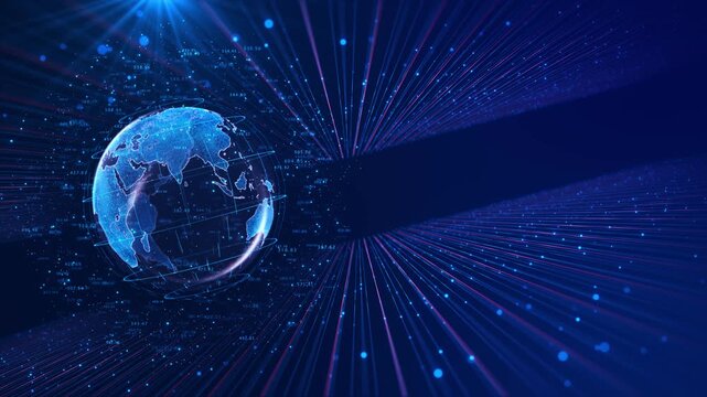 Technology Network Data Connection, Digital Network and Cyber Security Concept. World Light Lines. Spinning 3D Global Animation Technology Earth Digital Network Background. Worldwide Big Data Cloud.