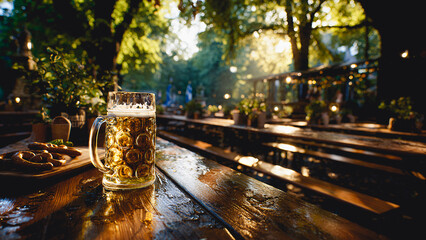 Fototapeta premium An empty traditional Munich beer garden in the English Garden during the golden hour of a June summer day. Long wooden benches and tables are neatly arranged under a flowering chestnut tree.