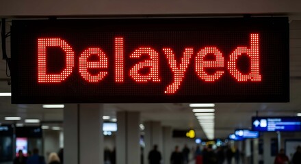 Fototapeta premium A bright red delayed sign on a black background in an airport terminal with people walking in the background