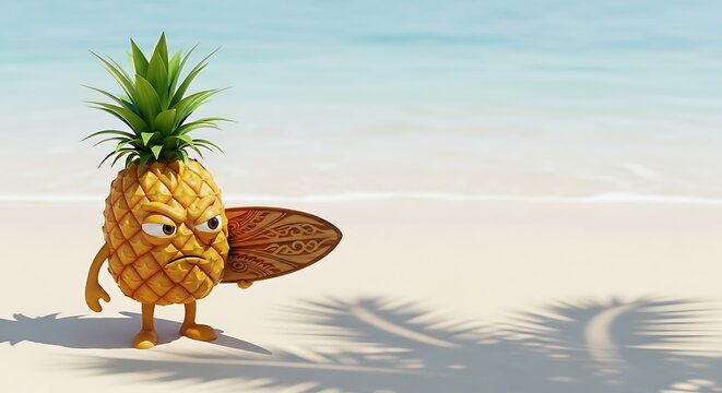 Surfing pineapple character a whimsical beach scene with a tropical fruit