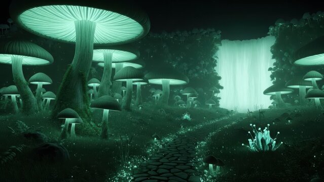 A vast, silent field of giant, bioluminescent mushrooms under a starless black sky. Their soft, greenish-blue light illuminates a single.