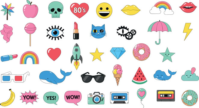 Trendy retro doodle icons set with colorful stickers hearts rainbow cassette camera fun cartoon elements vector illustration