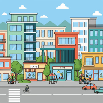 Colorful modern city street buildings.