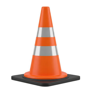 A red plastic cone-shaped traffic delineator with reflective stripes isolated on transparent background
