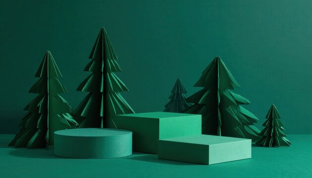 Scena natalizia minimalista con alberi di carta verdi e podi geometrici per la presentazione di prodotti festivi.