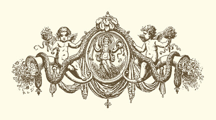 Ornate baroque cartouche with cherubs and swags line art nouveau classic design vintage motif element cartouche scrollwork filigree decoration ornament detailed illustration © bbilfunk