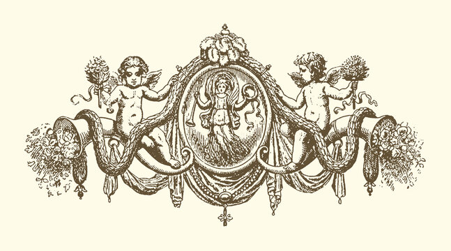 Ornate baroque cartouche with cherubs and swags line art nouveau classic design vintage motif element cartouche scrollwork filigree decoration ornament detailed illustration
