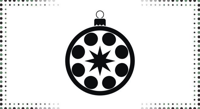 Black and white silhouette of a circular christmas ornament featuring a central star and dot pattern framed by a decorative dotted border.