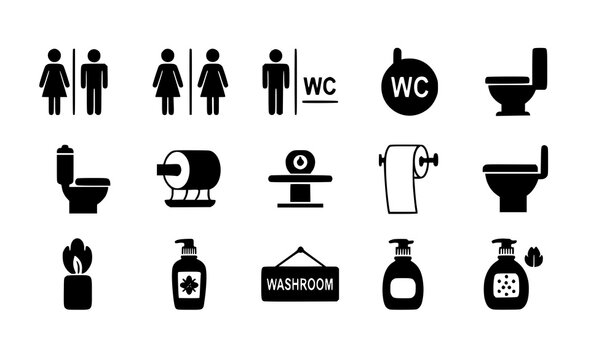 Toilet and restroom icon set with male female WC symbols tissue flush and washroom signs in clean flat vector design