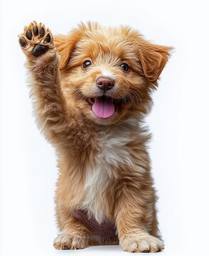 fluffy light brown puppy sitting with one paw raised, tongue out and happy playful expression on a white background