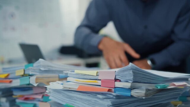 Closeup overworked young Latin businessman reading document in large stack of paperwork file at office desk. Tax audit deadline, accounting stress, corporate burnout, bookkeeping, bureaucracy concept.