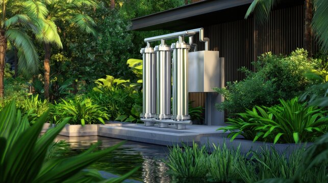 A sleek, modern water filtration system amidst lush greenery and a serene garden setting