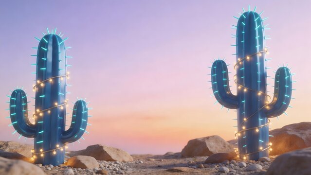 Blue cacti with lights in desert