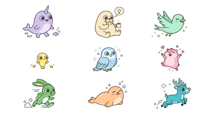 Adorable Wild Animal and Arctic Creature Characters in Soft Pastel Colors, Cute Narwhal Seal Owl Bunny and Reindeer Mascot Vector Illustration © Wang