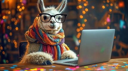 Fototapeta premium cozy alpaca in a colorful knitted scarf and glasses working on a laptop at a confetti-covered wooden table with warm bokeh lights, playful focused mood