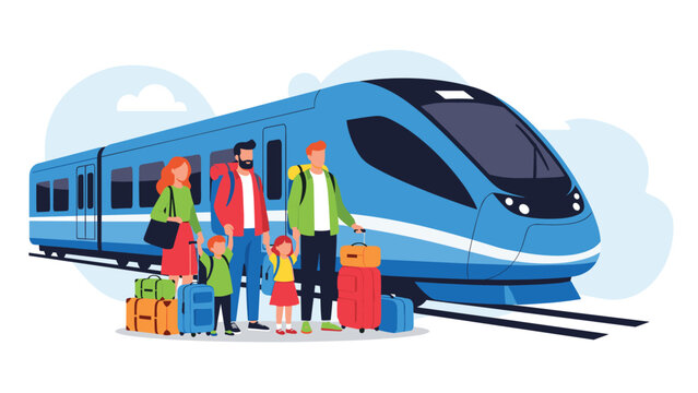 Happy family with young children stands on a platform next to a modern high-speed train, ready to begin their exciting travel journey.