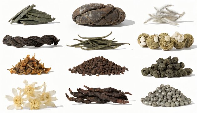 Exotic Dried Tea Leaves Taxonomy Collection Portrait Grid Twelve Specimens Dragon Well Pu Erh Silver Needle Gyokuro Oolong Jasmine Assam Isolated On White Background Studio Botanical Photography