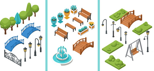Fototapeta premium Isometric Park Elements Set with Bridge Fountain Benches Trees Lamps and Swing for Game Design