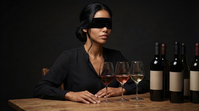 Woman blindfolded at wine tasting. Focused sensory discovery. Expert palate refinement.