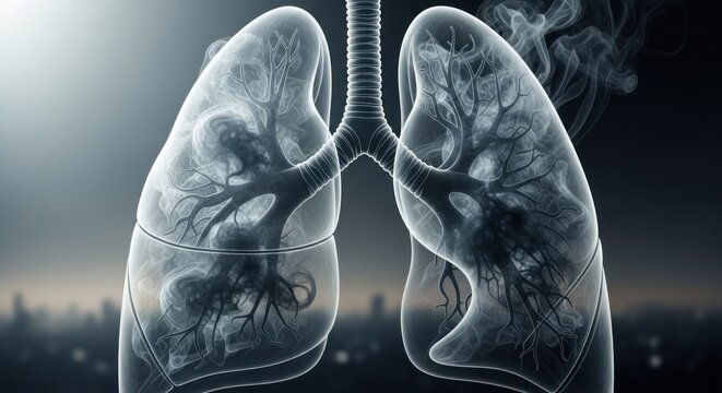 A human lung with visible bronchi and alveoli, against a dark background.