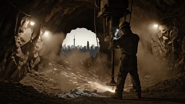 Mining operation silhouette of urban skyline concept stock footage
