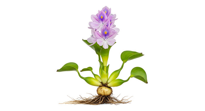 A beautiful purple flower with broad green leaves and a visible bulbous root system