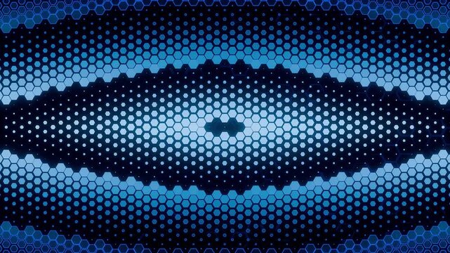 scifi 3d animation of a radiant blue hexagonal grid, expanding from a dark central void across the frame in a seamless loop, creating a dynamic, high-tech network pattern visualization.