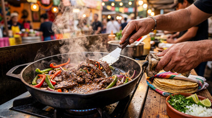 Obraz premium Sizzling taco beef with peppers and onions in cast iron skillet, authentic Mexican street food cooking action.