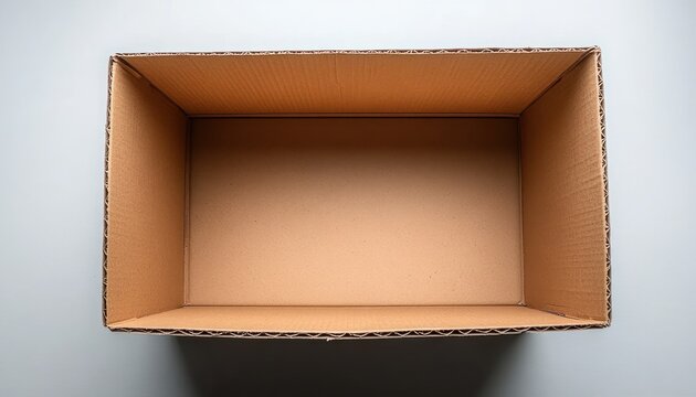 open empty corrugated cardboard box on a neutral surface, overhead view conveying minimalism and quiet anticipation