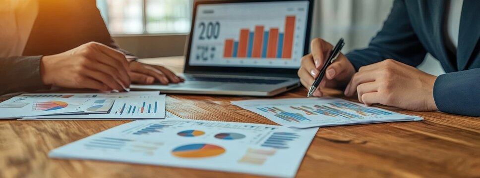 Two professionals analyzing colorful bar and pie charts on printed reports and a laptop at a wooden table, focused collaborative discussion and data-driven decision making