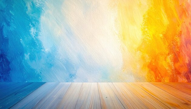 Sfondo astratto con pennellate vibranti di blu, giallo e arancione su un tavolo di legno chiaro, ideale per esposizioni di prodotti e design creativo.