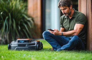 Obraz premium relaxed man sitting on grass leaning against wooden wall using smartphone to monitor robotic lawn mower on a green backyard lawn
