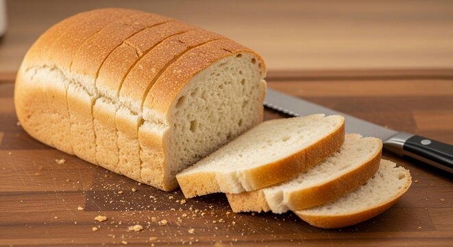 Sliced loaf of bread on wooden surface