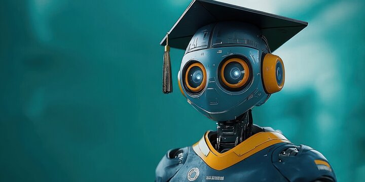 futuristic humanoid robot with glowing round eyes wearing a graduation cap and academic stole against a teal background, conveying curiosity and hope