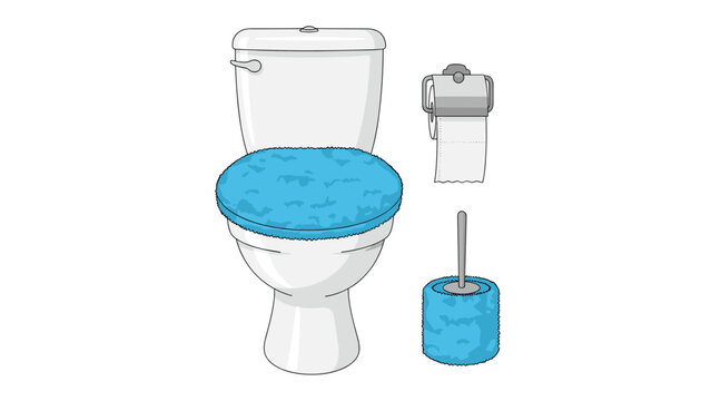 Modern white toilet with a blue seat cover next to a toilet paper roll and a matching blue cleaning brush isolated on a white background.