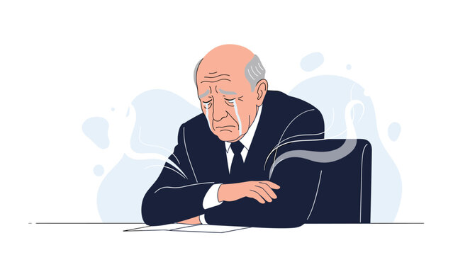 Senior businessman in a suit sitting at a desk and crying with visible tears expressing deep sadness or professional failure.
