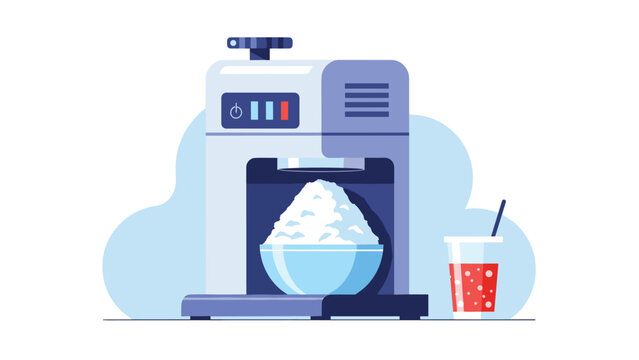 Automatic shaved ice machine produces a bowl of fluffy snow topped with sweet syrup for a refreshing summer treat.