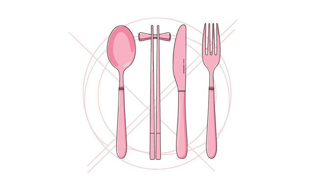 Set of pink kitchen utensils including a spoon, chopsticks on a rest, a knife, and a fork arranged on a plate.