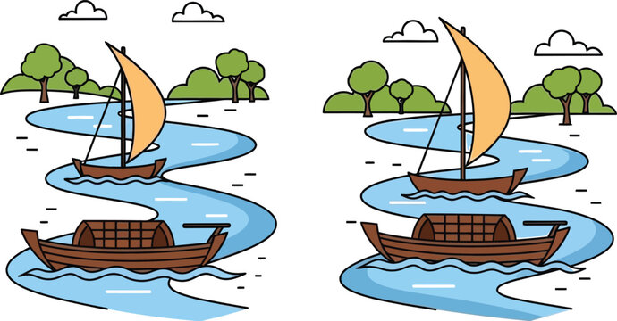 Two brown boats sail on a winding river with green trees and clouds