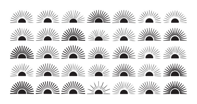 Set of sunburst graphic design elements rays radiating from semicircle shapes line art.
