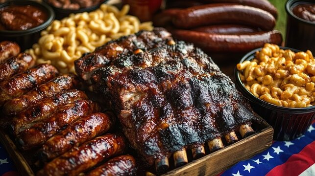 glazed smoked ribs and grilled sausages with creamy mac and cheese and barbecue sauce on a wooden tray over a patriotic cloth, hearty and indulgent backyard feast