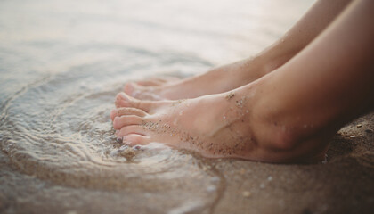 Fototapeta premium Close-up of bare feet covered in wet sand as gentle sea waves wash over them, capturing relaxation, summer vacation vibes and sensory coastal experience, ideal for travel and wellness themes