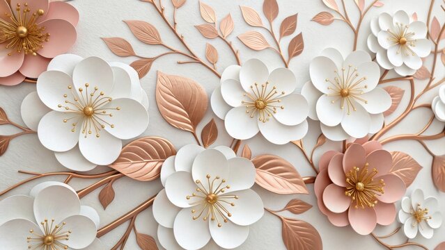 Delicate 3d floral arrangement with white and pink flowers and rose gold leaves