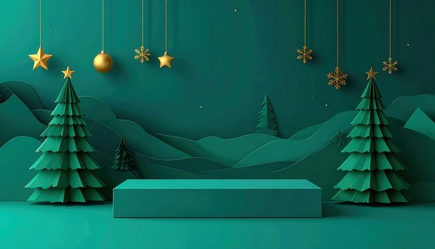 Elegante scenografia natalizia minimalista con podio espositivo verde smeraldo, alberi stilizzati e decorazioni dorate, ideale per la presentazione di prodotti festivi.
