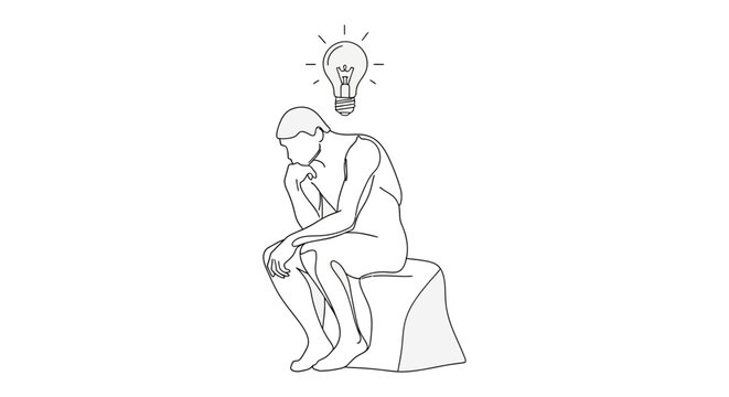 a minimalist line drawing of a thinker deep in contemplation a light bulb symbolizing a new idea and creative problem solving.