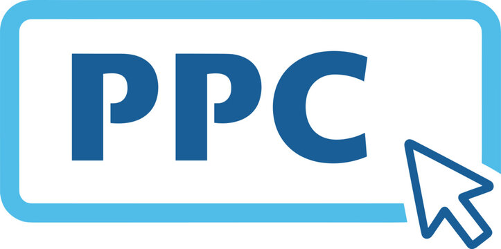 PPC pay per click text in a blue frame with a pointer arrow on a checkered background.